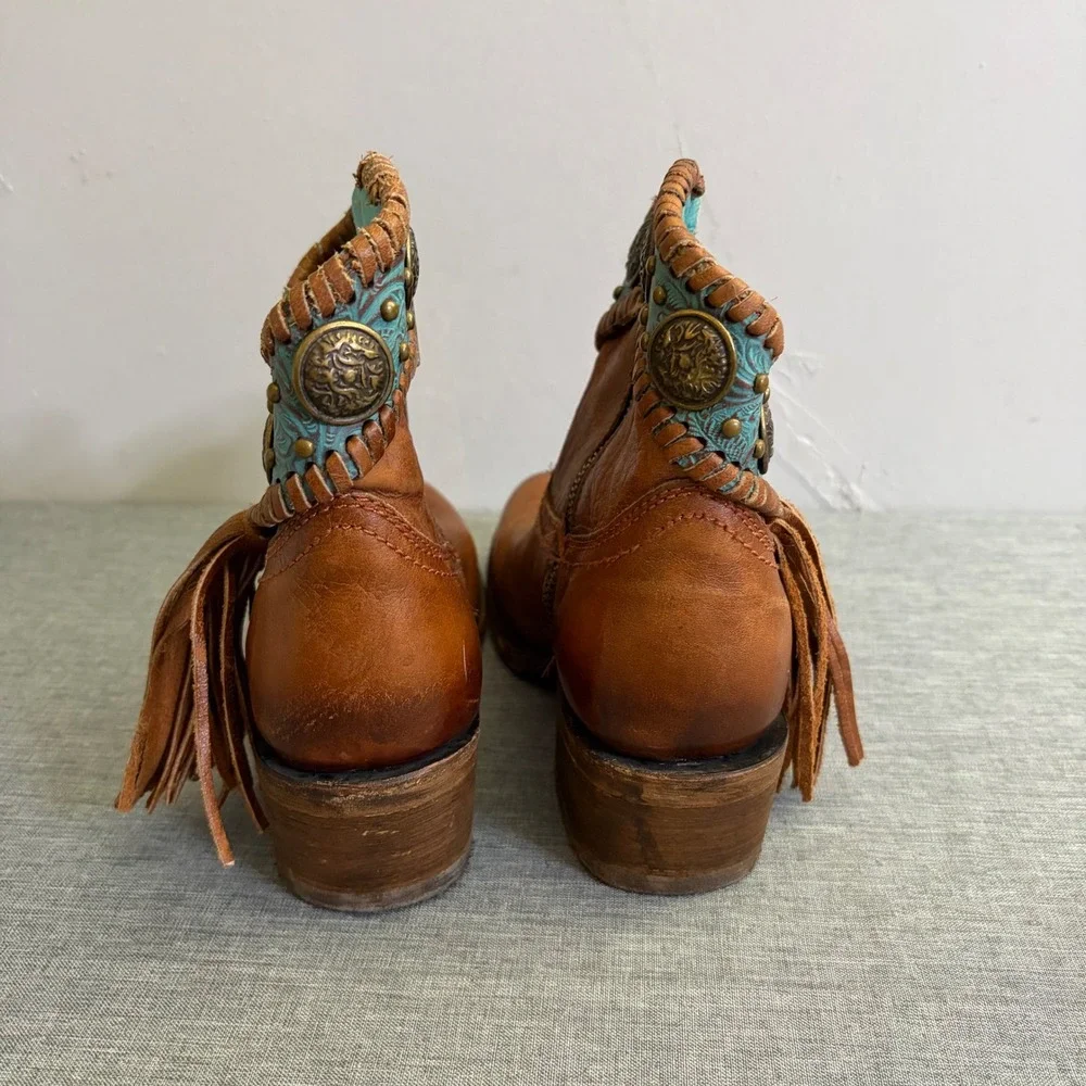 Corral Ankle Boots Women 5.5 Tan Turquoise‎ A3196 Fringe Concho Western Booties
